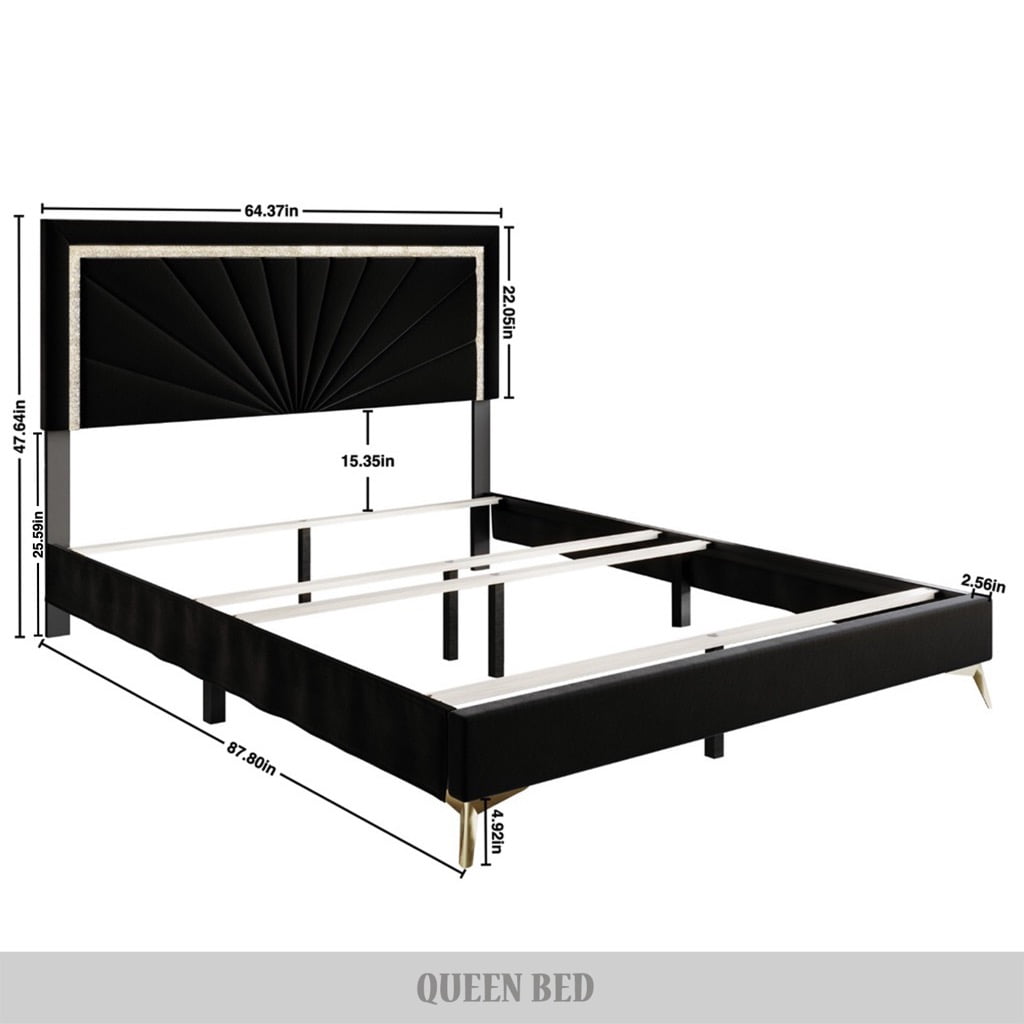Castle Place Luxurious Diamond Strip Velvet Upholstered Bed Black, King