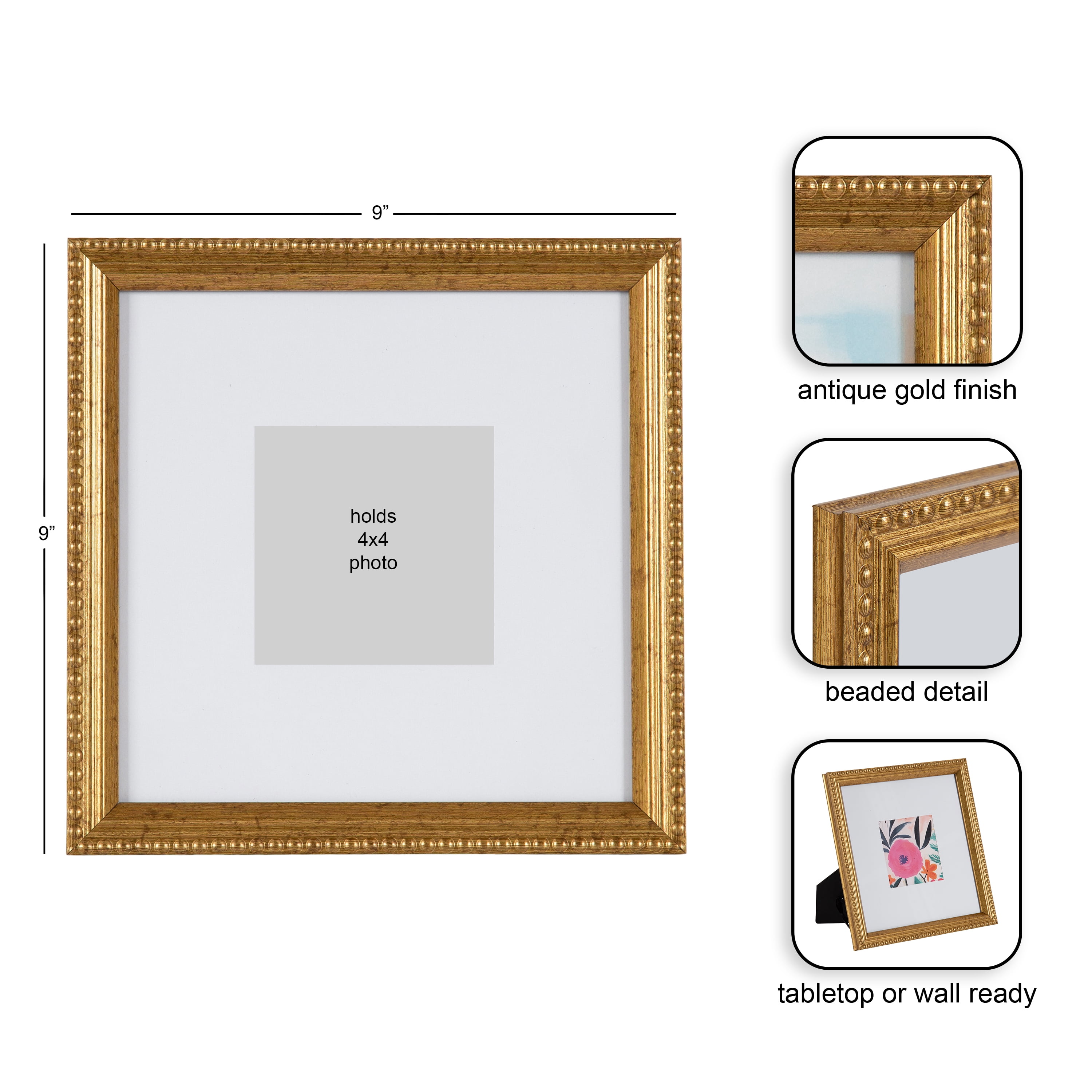 DesignOvation 8x8 Matted for 4x4 Beaded Gold Decorative Tabletop Picture Frame