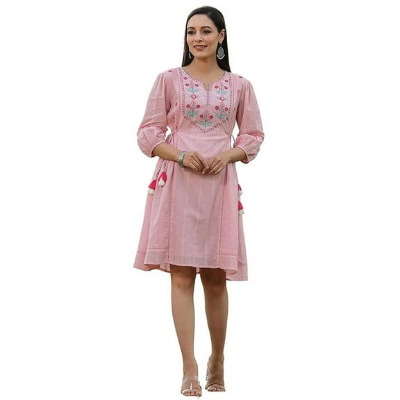 Juniper Pink Floral Printed Cotton Dobby Flared Short Dress With Thread Embroidery