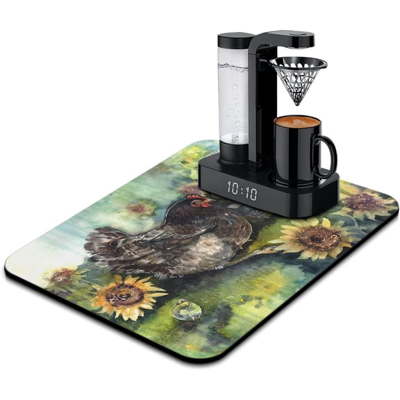 Unique Sunflower and Rooster Coffee Maker Mat Diatom Mud Dish Drying Mat for Kitchen Counter Pet Coffee Drying Pad Diatom Mud Absorbs Water Dish Drying Mat 18" X 24"/16" X 18"