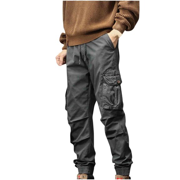 CLOISE Mens Cargo Work Pants Big and Tall High Waist Trousers Zipper Baggy Solid Bottoms Casual Clothes with Pockets