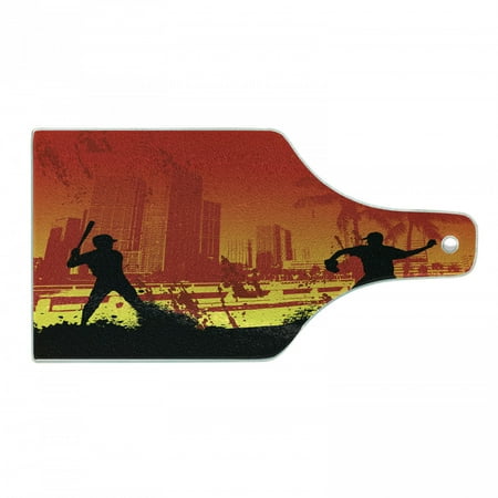 

Teen Room Cutting Board Men Playing Baseball in the Town City Park Tall Buildings Urban Scenery Tempered Glass Cutting and Serving Board Wine Bottle Shape Red Yellow Black by Ambesonne