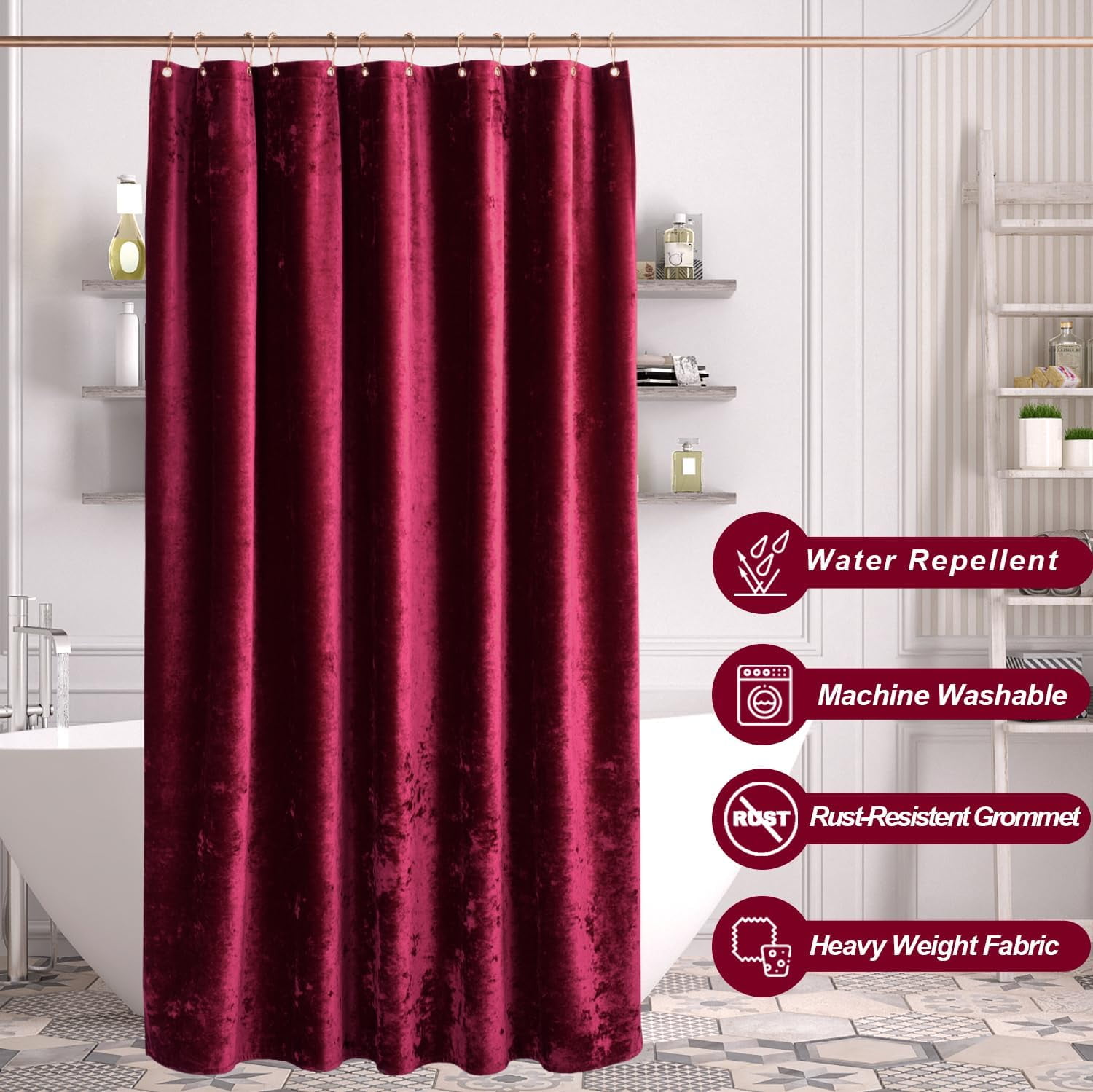 Burgundy Red Shower Curtain for Bathroom, Luxury Crushed Velvet Shower Curtain Red, Dark Shower Curtain Set with Gold Decro Metal Hooks, Machine Washable Thick Fabric, Burgundy, 72 x 72 inches