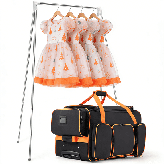 Dance Bag with Garment Rack, 23" Dance Costumes Rolling Garment Bags For Travel, Garment Duffle Bag For Dance Competition Travel Bag with Garment Rack (Black with Orange Trim)