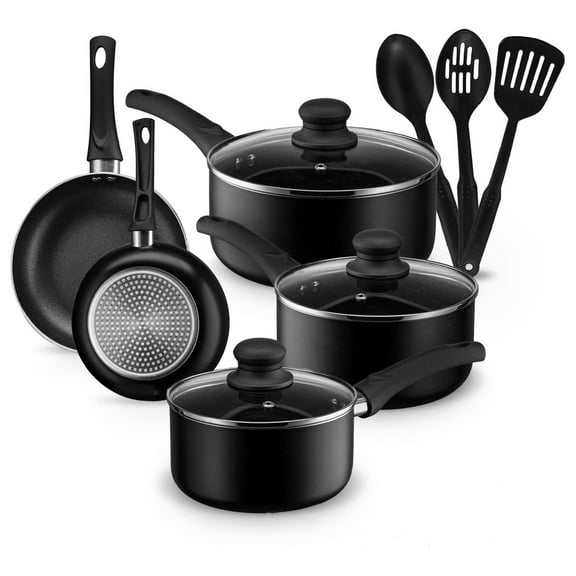 Pots and Pans Set, Aluminum Nonstick Cookware Set, Fry Pans, Casserole with Lid, Sauce Pan, and Utensils, 11 Piece Cooking Set (Black)