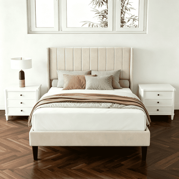Twin Bed Frames with Headboard, Fabric Upholstered Platform Bed with Wood Slats 500 lbs Support , Noise Free, No Box Spring Needed, Beige