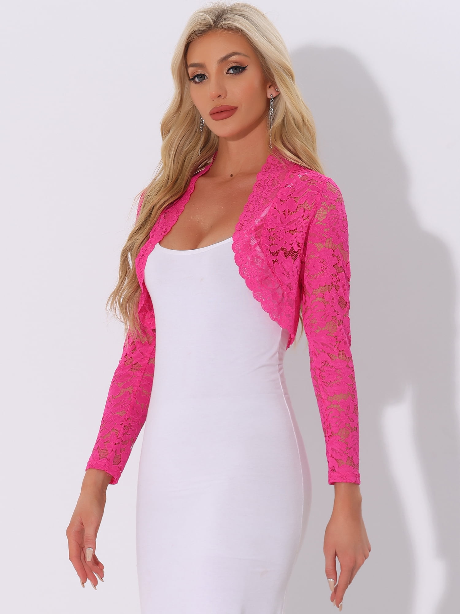 DARING DIVA Women's Lace Bolero Shrugs Sheer Crop Cardigan L Hot Pink