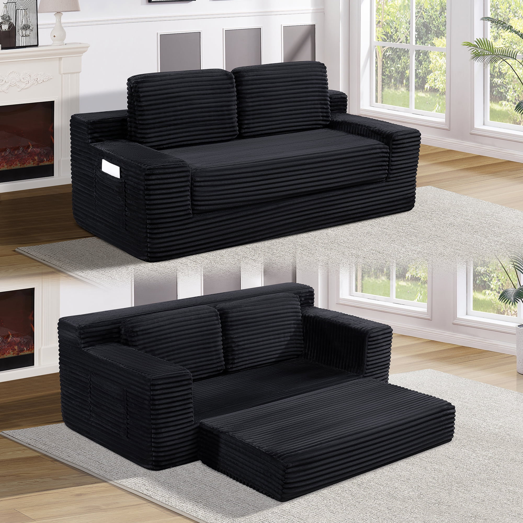 Corduroy Cloud Double Sofa, 2-in-1 Convertible Sofa Bed, Comfortable Boneless Double Sofa, Suitable for Living Room, Apartment, Small Space Black