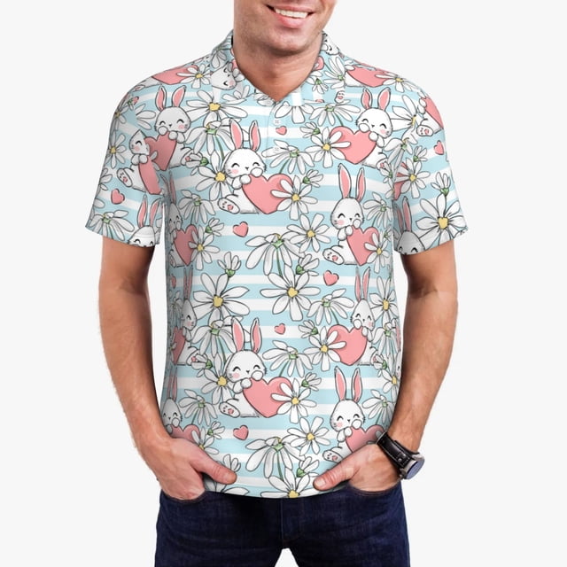 Fotbe Cute Rabbit And Heart Camiseta Polo de Golf para Hombre con Estampado – Camisa Deportiva Transpirable con Cuello Abotonado-Medium