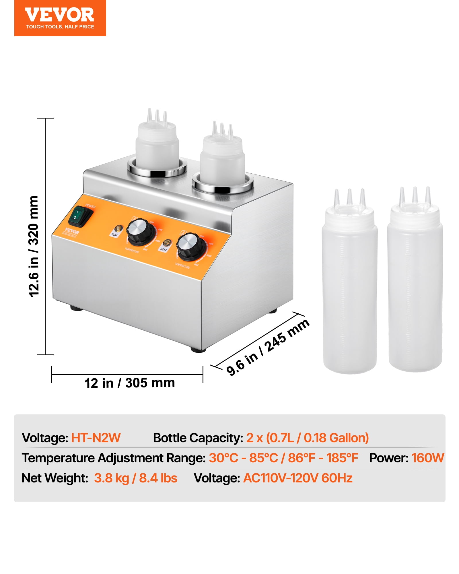 VEVOR Electric Bottle Warmer with Bottles, 0.8x2 LCommercial Cheese Dispenser, Hot Fudge Warmer 86-185℉ Temp Adjustable, Plastic Double Bottles Nacho Cheese Warmer, for Hot Fudge Cheese Caram Caramel