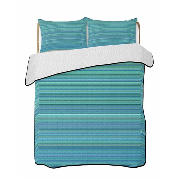 Quilts Queen Size Bedding Set, Teal Blue Striped Reversible Summer Quilt 3 Pieces, Thin Line Geometric Lightweight Bedspreads Coverlets with 2 Pillow Shams for All Seasons