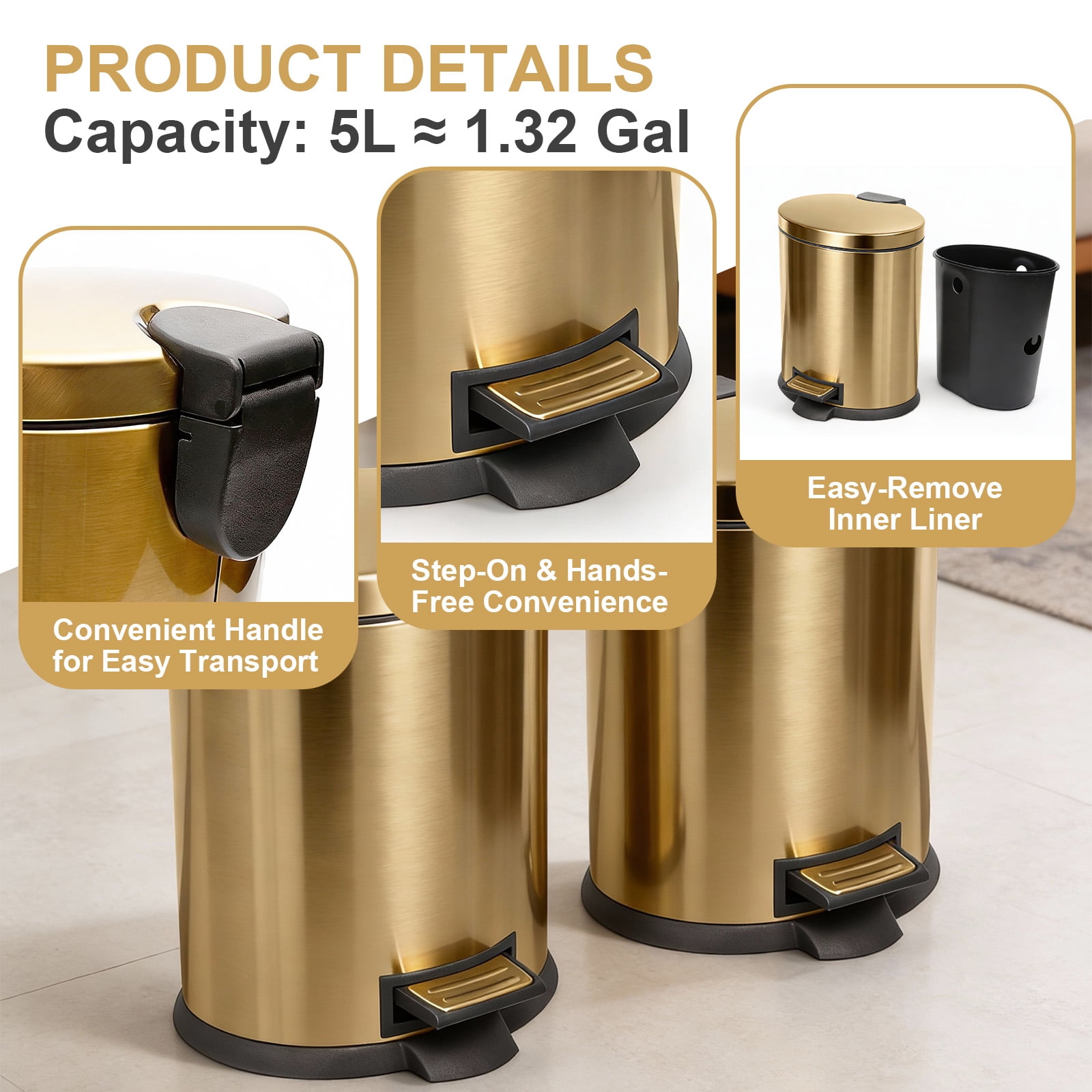 Koomade 2 Pack Bathroom Trash Can, 1.3 Gallon Stainless Steel Step Garbage Bin with Lid, Gold