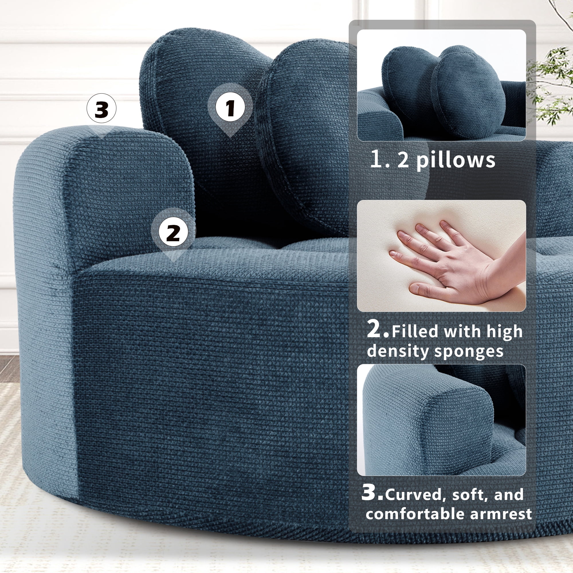 Leumius Oversized Round Chair Lounge Chaise Indoor,Upholstered Round Sofa Bed with Memory Foam,Comfy Cloud Circle Chair with Deep Seat for Living Room Bedroom,No Assembly Required,Blue