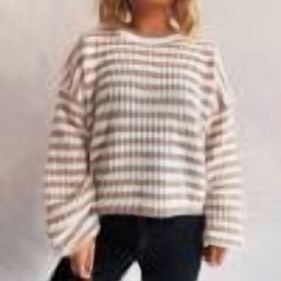 PEONAVET Chandail Col Rond pour Femmes Manches Longues Col Rond Rayé Imprimé Décontracté Tricot Ample