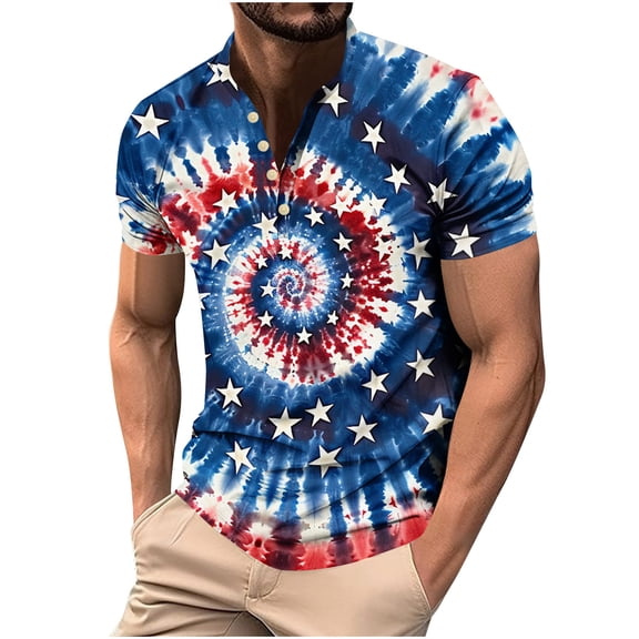 Jessboyy Mens Tie Dye Printed 4th of July T Shirts Casual Button up Short Sleeve Henley Shirt Independence Day Patriotic T-shirts Loose Graphic Tees Multicolor,XXXXL