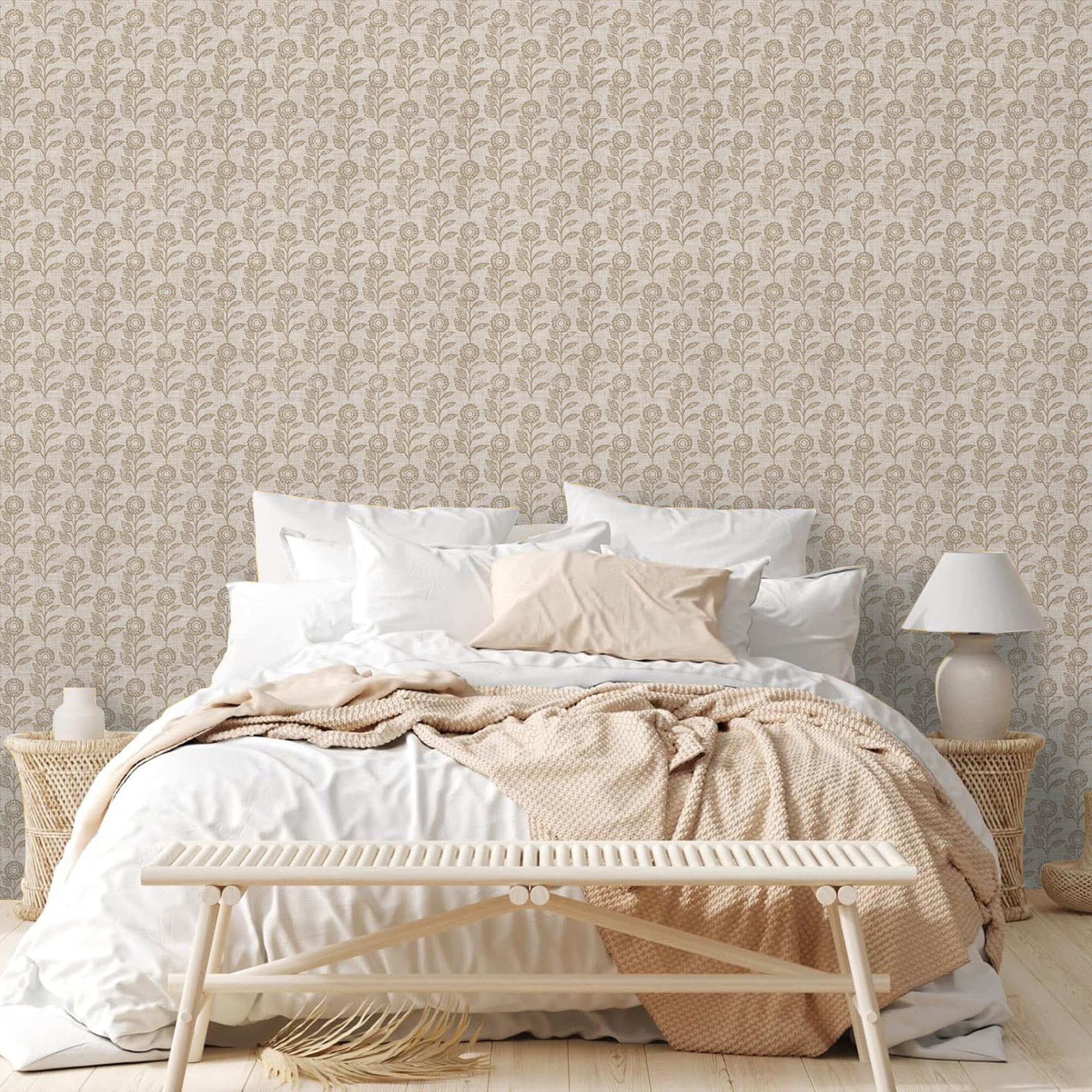 Abyssaly Wallpaper, 17.3" x 118" Linen-colored Sunflower Peel and Stick Wallpaper, Self-Adhesive Removable Contact Paper