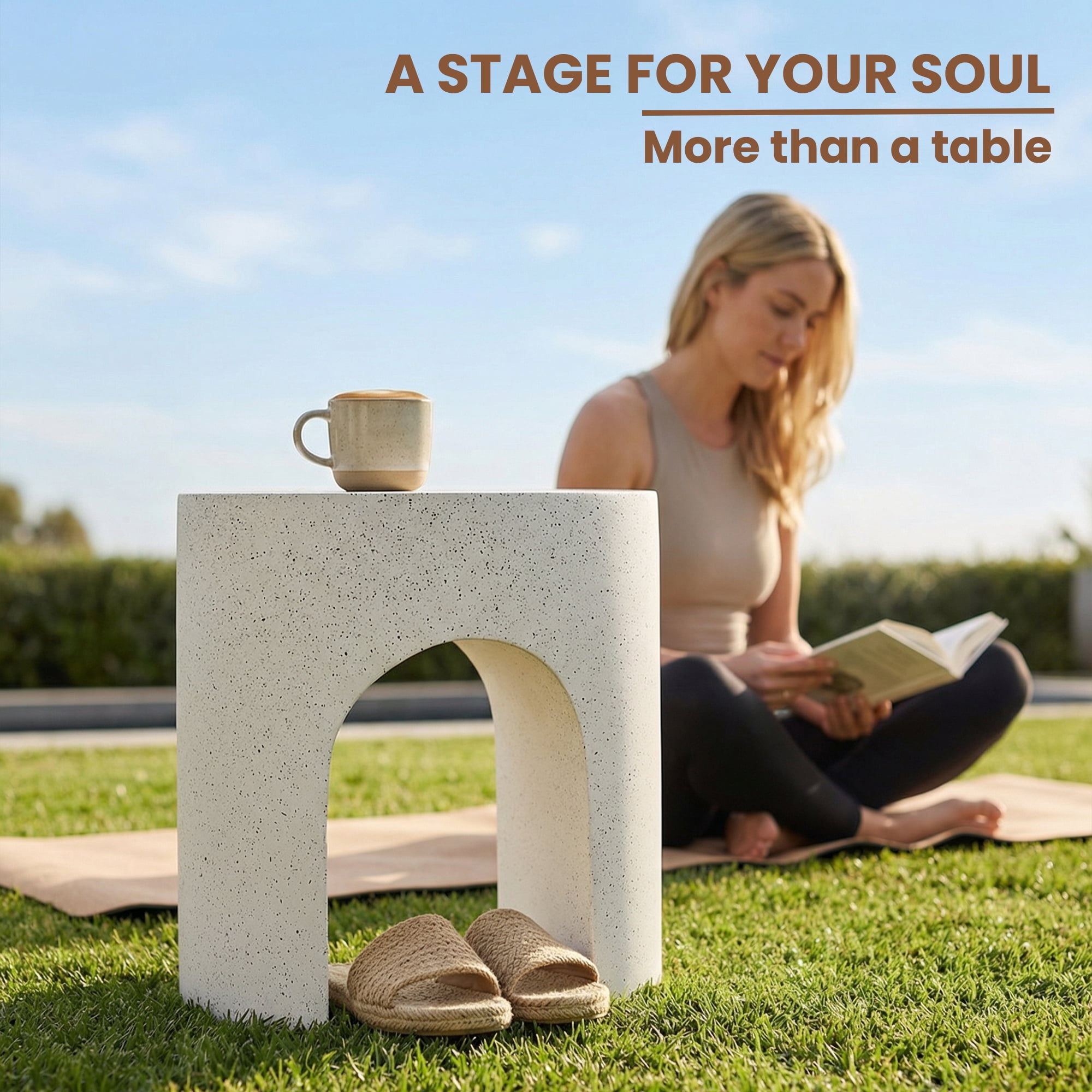 FOROUTIA 15.7" White Speckled Arch Side Table, Waterproof Magnesium Oxide Accent Table, Modern Indoor Outdoor End Table for Patio, Living Room, Bedroom, Small Space Stool