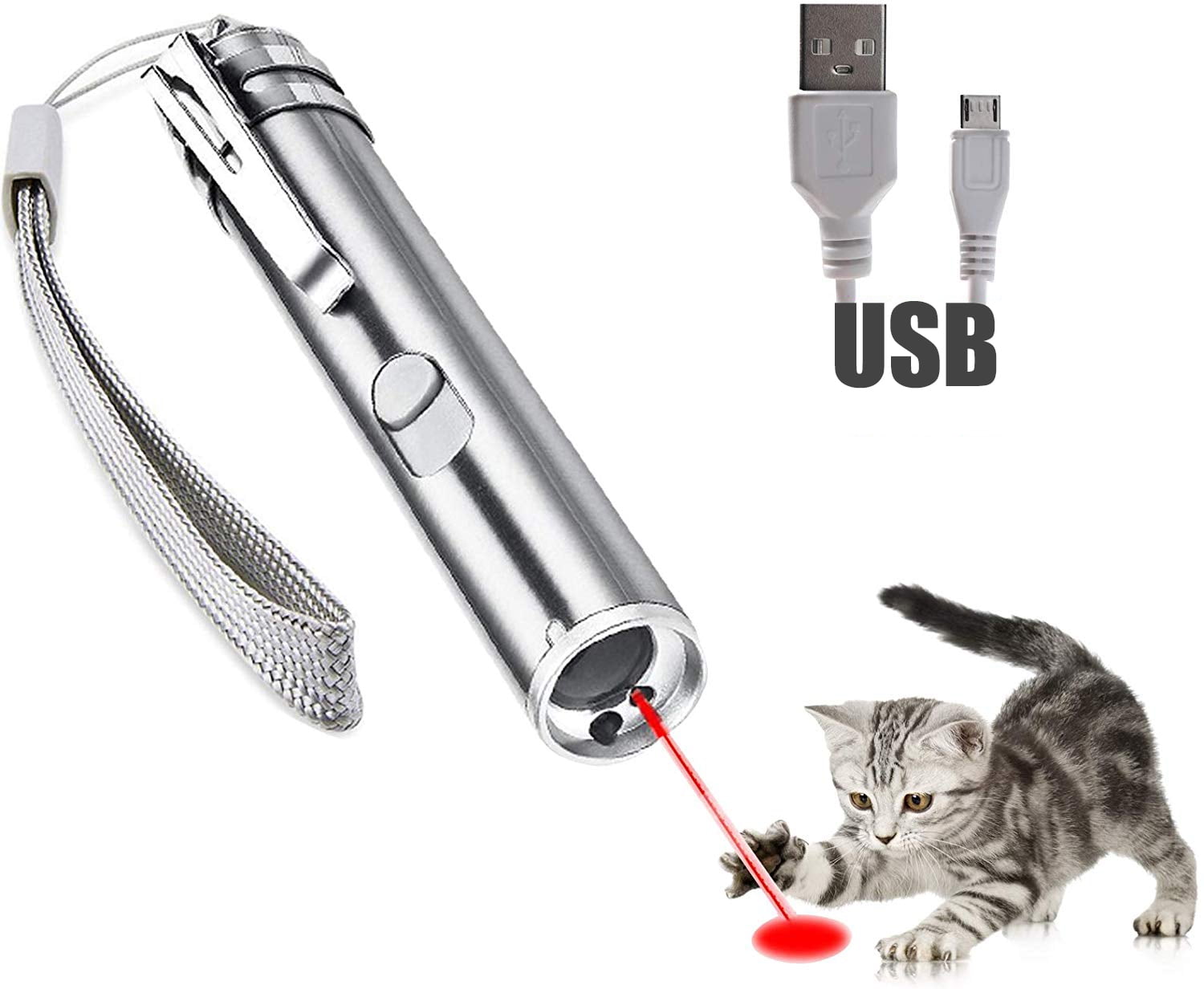 3in1 USB Rechargeable Light Torch Mini Red Laser Pointer Pen Pet Cat Kitten Toys 