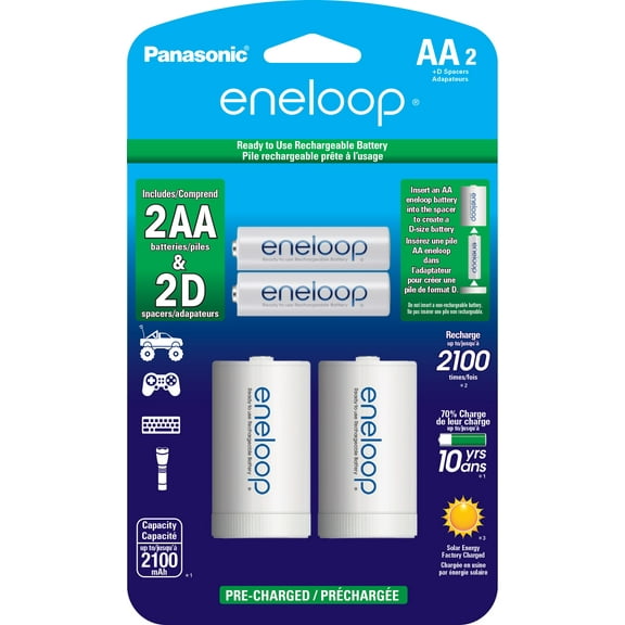 Panasonic Eneloop K-KJS1MCA2BA D Size Battery Adapters with Eneloop AA 2100 Cycle Ni-MH Pre-Charged Nickel Metal Hydride Rechargeable Batteries