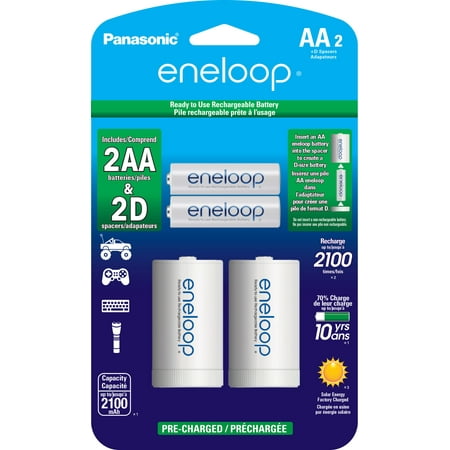 Panasonic Eneloop K-KJS1MCA2BA D Size Battery Adapters with Eneloop AA 2100 Cycle Ni-MH Pre-Charged Nickel Metal Hydride Rechargeable Batteries