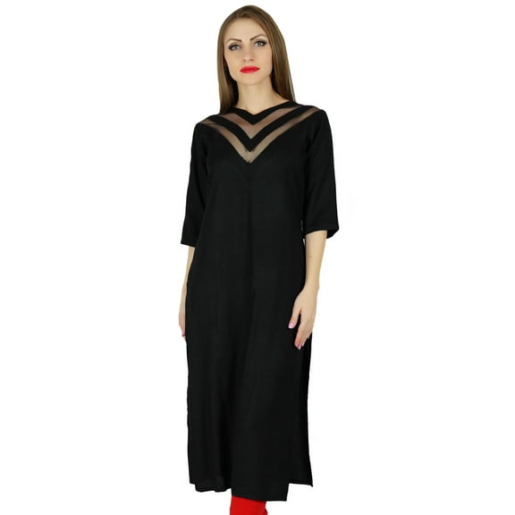 Bimba Women Black Straight Kurta Kurti Classic Chic Formal Tunic V-Neck Blouse