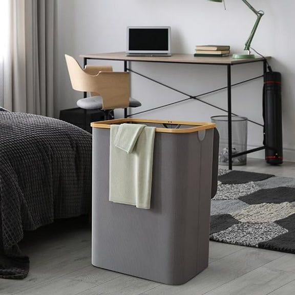 150L Laundry Basket with Lid, Clothes Hampers for Laundry with Bamboo Handles and 2 Removable Laundry Bags, Large Foldable Laundry Hamper for Bedroom, Bathroom, Dorm, Laundry Room, Grey