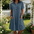 thumbnail image 3 of SAWOBUUN Women Cotton Linen Shirt Dress Short Sleeve Collar Washed Crinkle Loose Midi Dresses Summer Casual Tunic Dress with Side Pockets, 3 of 7