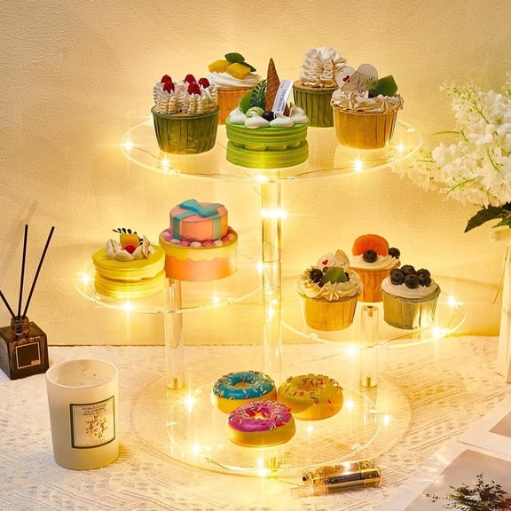 4 Tier LED Acrylic Cake Stand – Clear Dessert Display Stand , cake and cupcake stand combo, LED Light Up Cupcake Holder for Parties, Weddings, Birthdays – Durable, Elegant, and Easy to Assemble