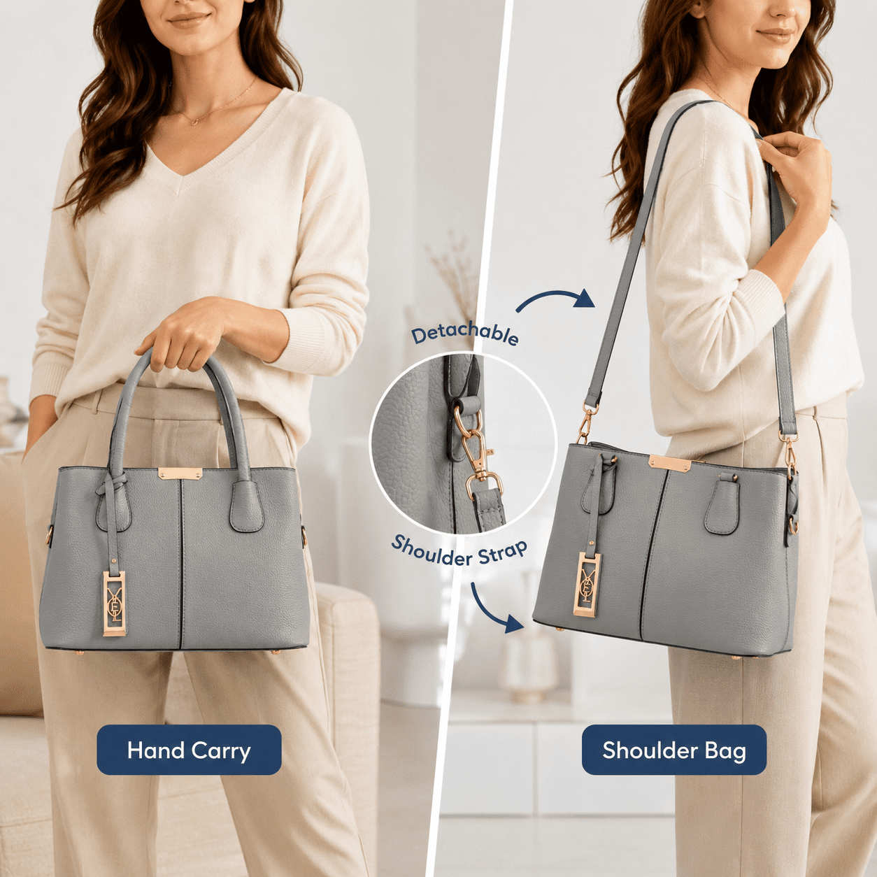 Kabuer Women's PU Leather Tote Handbag with Shoulder,Gray