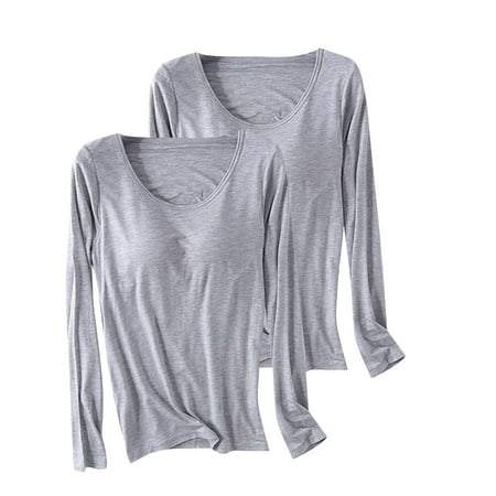 SwiftWear Women s Plus Size Modal Cotton T Shirt Long Sleeve Shirts with Built-in Bra Two Piece Casual Pajama Yoga Top  Gray 3XL