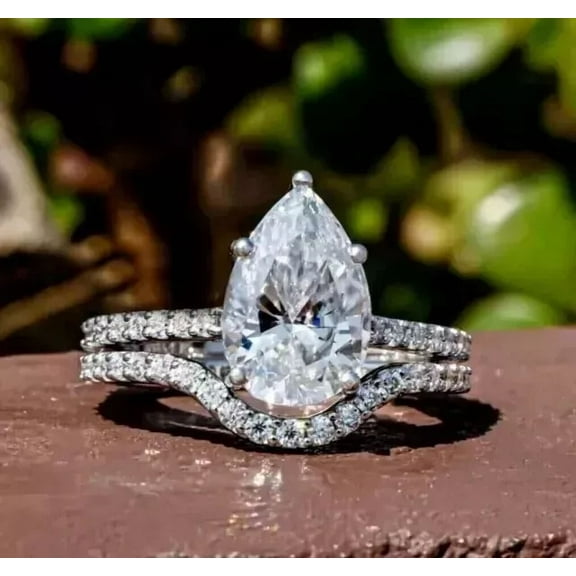 Forever Jewels 3Ct Pear Moissanite Womens Wedding Bridal Ring Set 14K White Gold Plated