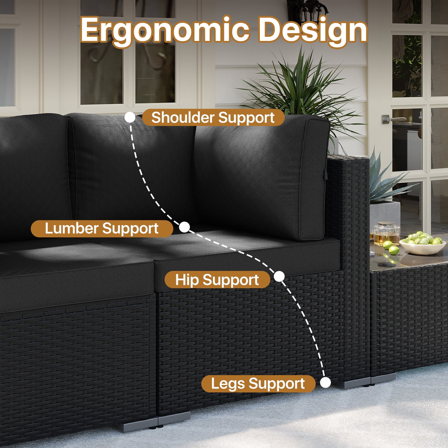 BaPiPro 7-Piece Outdoor Patio Furniture Set, Black Wicker Rattan Sectional Sofa with Black Cushions & Coffee Table, All-Weather for Backyard, Porch, Deck, Balcony