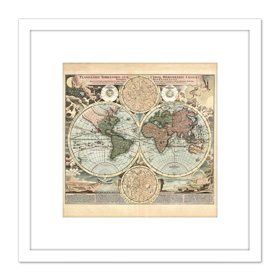 Map Antique Homann 1716 Earth Hemispheres Old Replica 8X8 Inch Square Wooden Framed Wall Art Print Picture with Mount