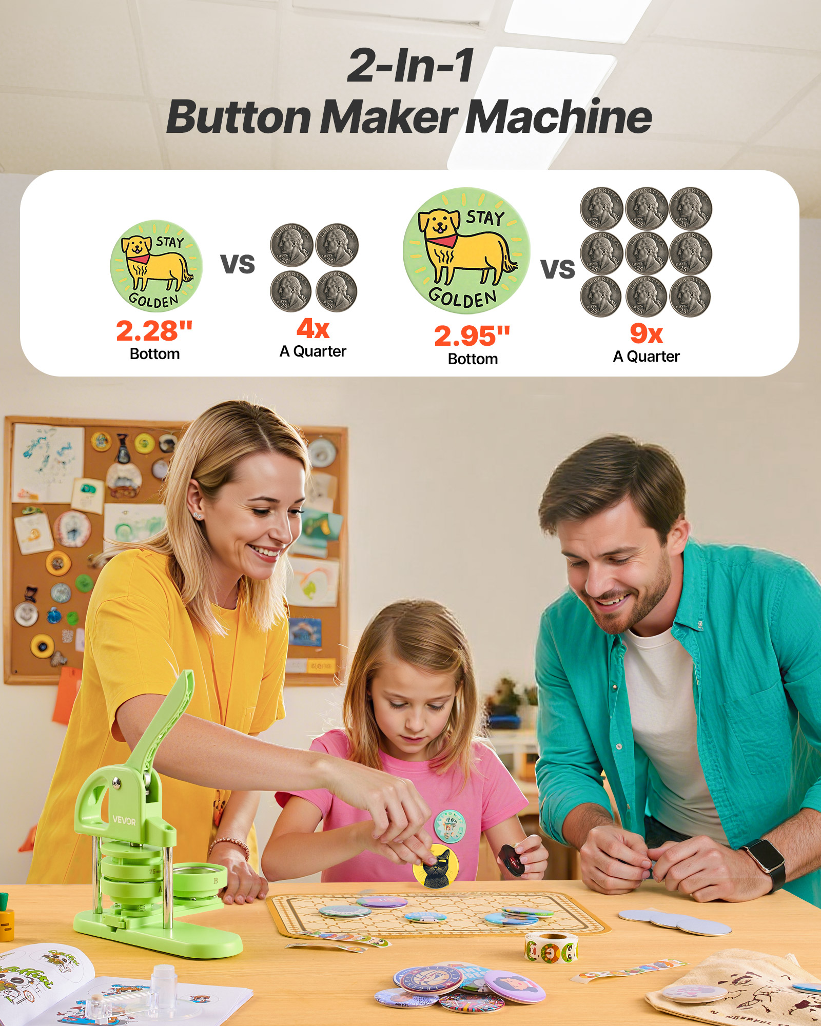 VEVOR Button Maker Machine, 2.28/2.95 inch 2-in-1, Plastic Pin Maker with 200 pcs Button Parts, Circle Cutter and Magic Book, Reinforced Ergonomic Handle, for DIY Badges, Personalized Pins, Green