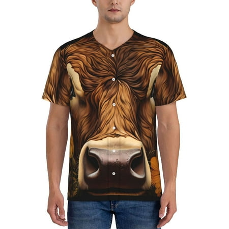Hirioo Sunflower Butterfly Cow for Men s Baseball T-shirt Shirts Short Sleeve Casual Summer Button Stretch T Shirts Size S-4XL-Large