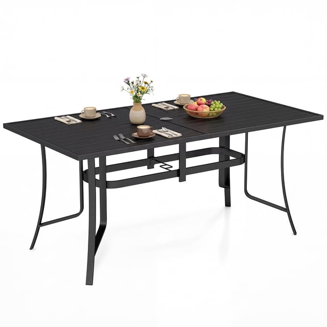 Gymax Patio Dining Table 63'' x 33'' Rectangle Metal Slat Table w/Umbrella Hole for Lawn