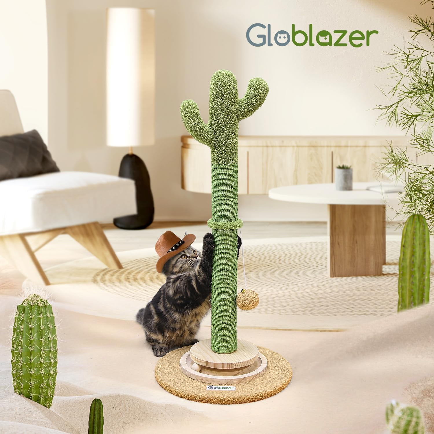 Tall Scratching Post for Cats, Cactus Cat Scratching Post Cat Scratcher Cute Sisal Large Cat Scratching Post with Modern Wooden Ball Tracking Interactive Toys, SC30