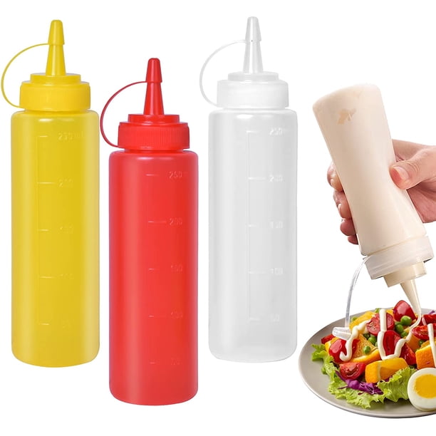 Paquete de 3 botellas de plástico exprimibles, botellas de salsa con tapa, dispensadores de botellas de condimentos para el hogar y el restaurante