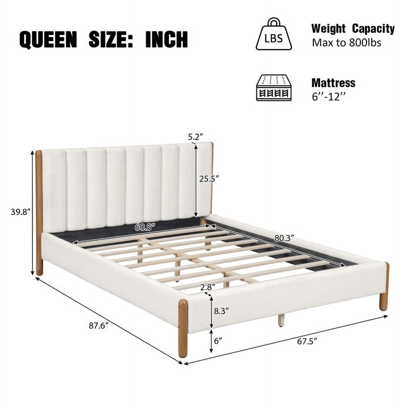 King Size Bed Frame with Boucle Upholstered Thick Headboard, Solid Wooden Legs, White
