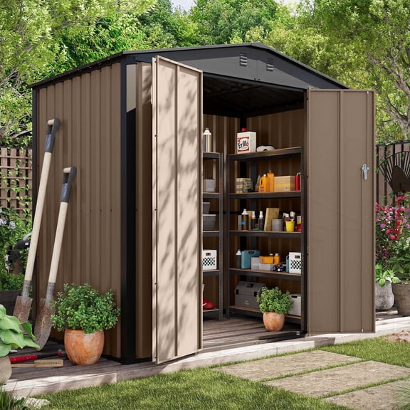 LAUSAINT HOME 4' x 6' Outdoor Storage Shed, Metal Shed Garden Tool Storage & Bicycle Storage with Lockable Door, Brown