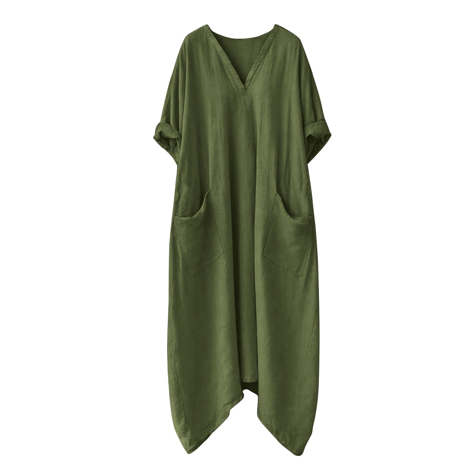 Dresses for Women, Womens Casual Loose Cotton Linen Long Shirt Dress, V-Neck Cuffed Sleeve Side Split Dresses with Pockets