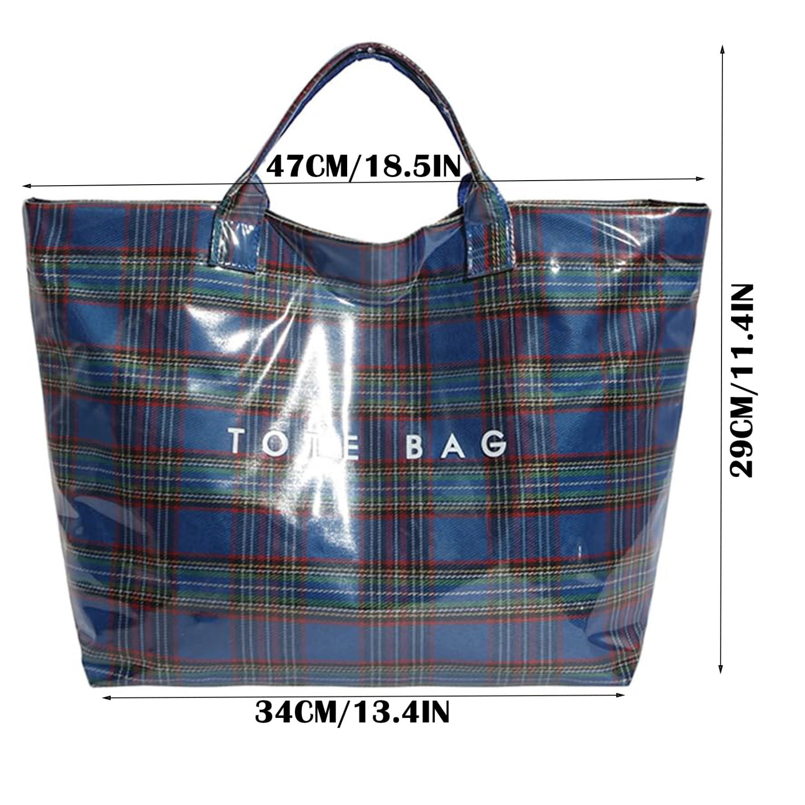 Comefolife Christmas Blue Plaid PVC Tote Bag for Women Vintage Christmas Buffalo Check Tote Bag Plastic Handbag