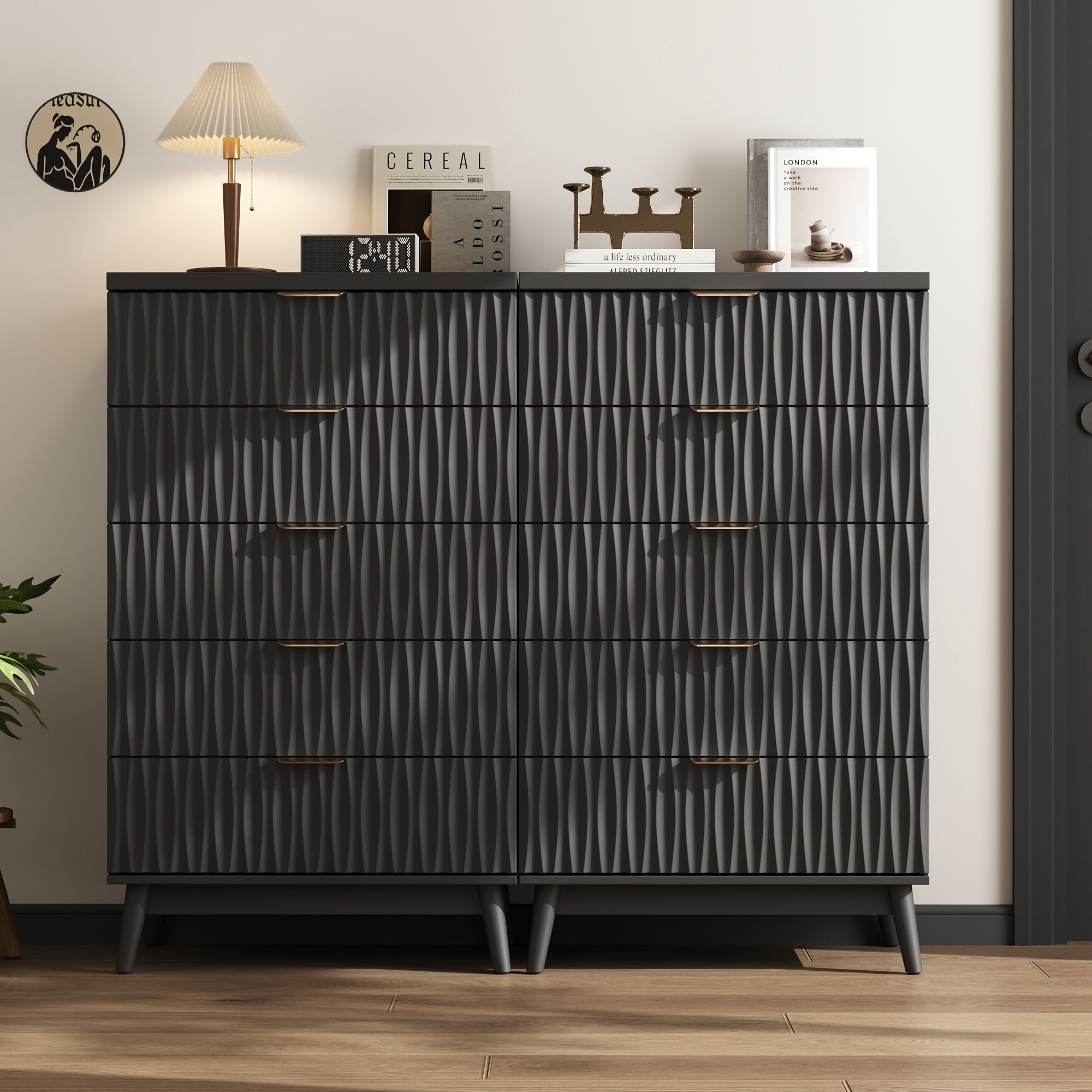 47"H Fluted 5 Drawer Dresser for Bedroom, Modern Chest of Drawers with Metal Handle, Wooden Storage Organizer for Living Room, Hallway, Black