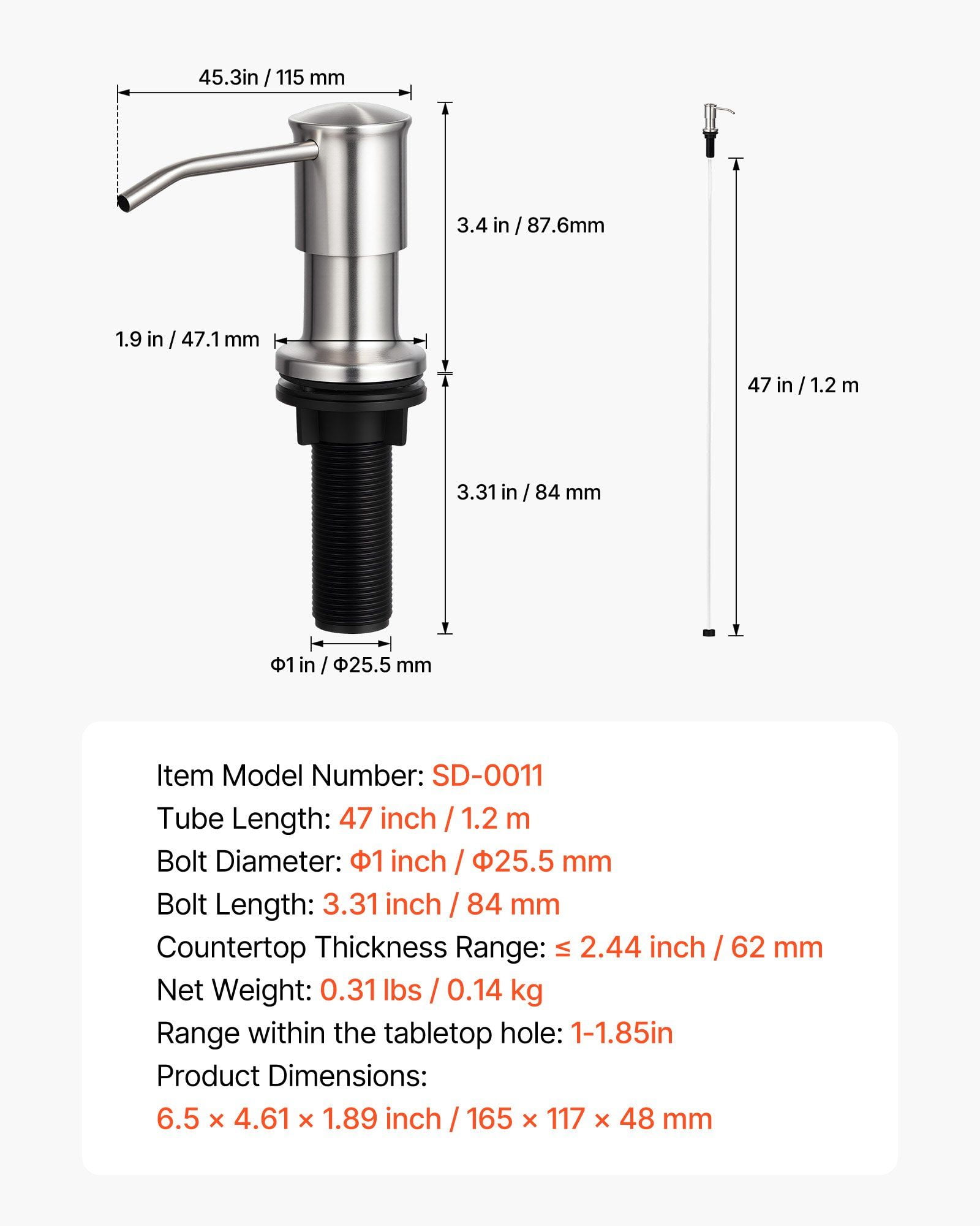 Under-Mount Kitchen Sink Soap Dispenser, Stainless Steel Pump with 34 oz Capacity Bottle