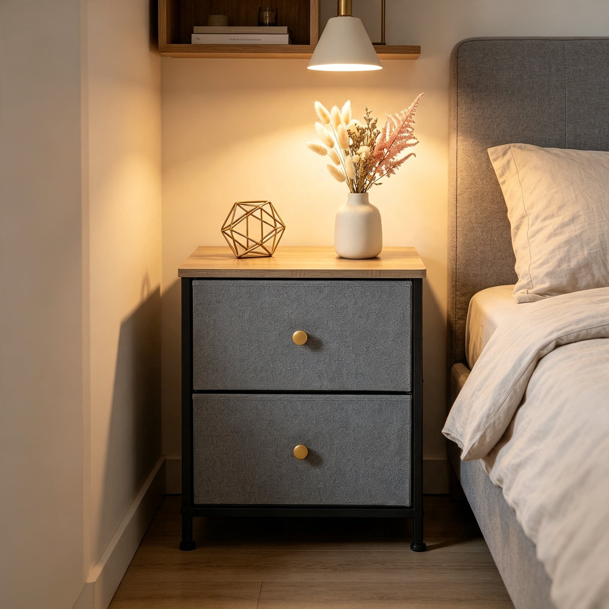 Double Drawer Bedside Table for Bedroom Living Room Storage