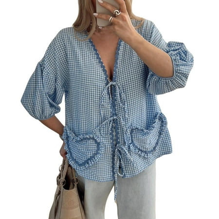 Women Y2k Peplum Shirt Puff Sleeve Tie Front Ruffle Hem Blouse Heart Shaped Pocket Lace up Cute Babydoll Shirt Going Out Tops