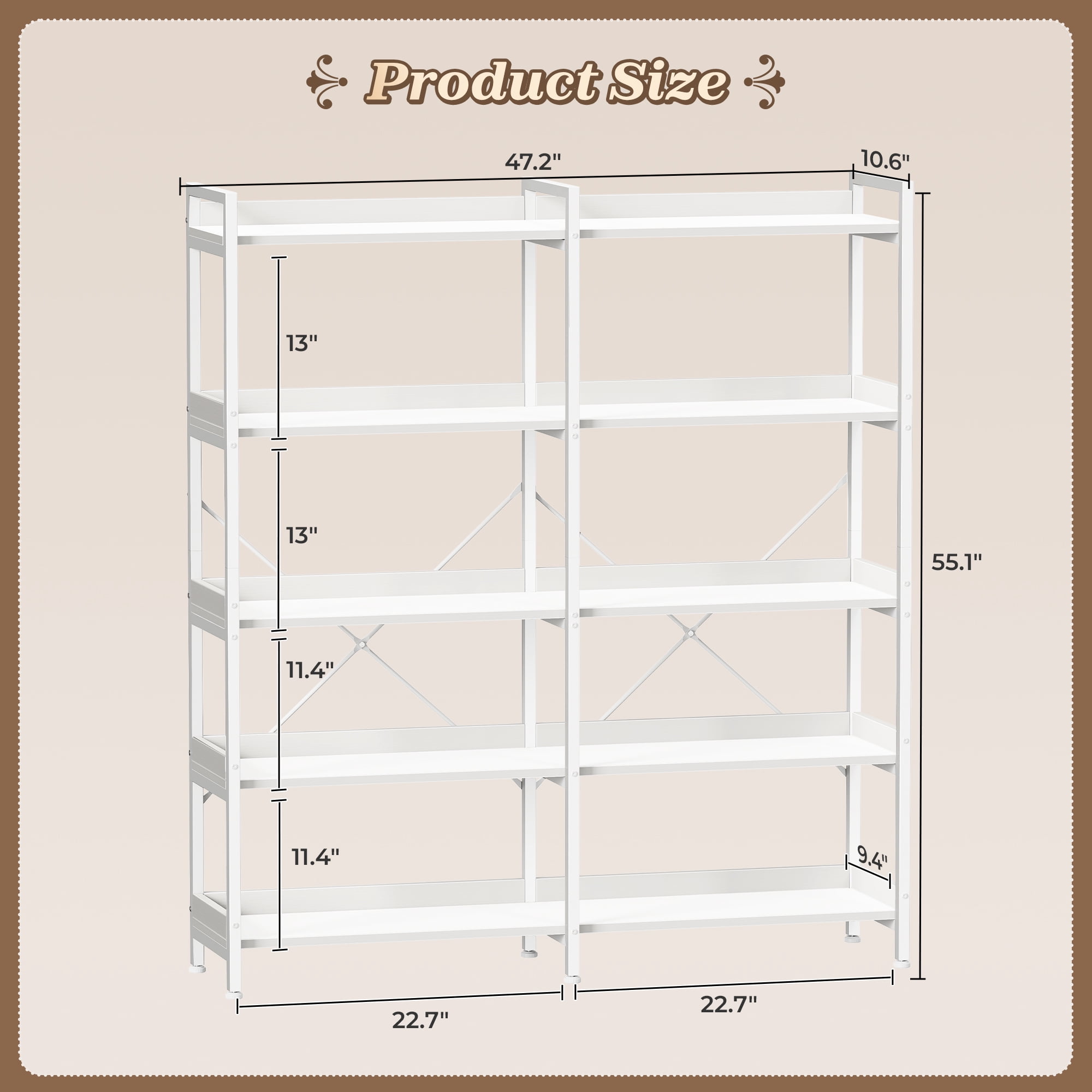 Amadwell 5-Tier Bookshelf with 10 Open Shelves, 47" Freestanding Bookcase, Sturdy Metal Frame, for Living Room, White