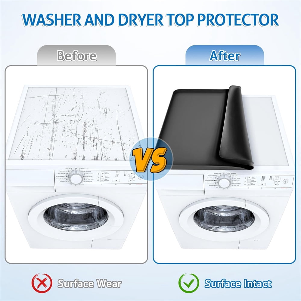 NOGIS Washer and Dryer Top Protector Mat,23.6'' x 19.7'' Silicone Rubber Top Mat for Washer & Dryer, Non Slip Heavy Duty Waterproof Washable Dryer Top Protector Mat for Laundry Room (Black)