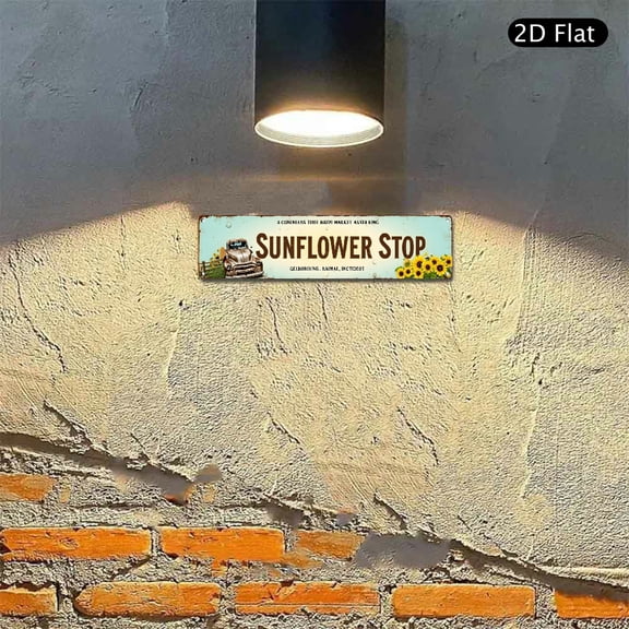 Sunflower Stop Metal Wall Art 4x16 Inch, Vintage Distressed Aluminum Sign with Rustic Truck and Flower Decor for Indoor and Outdoor Garden Fence 1pc