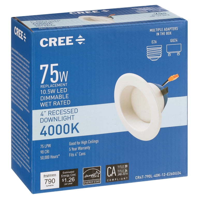 Cree Lighting CR T 4 inch LED Retrofit Downlight 75W Equivalent 790 lumens Dimmable Cool White 4000K 50 000 hour rated life 1 Pack